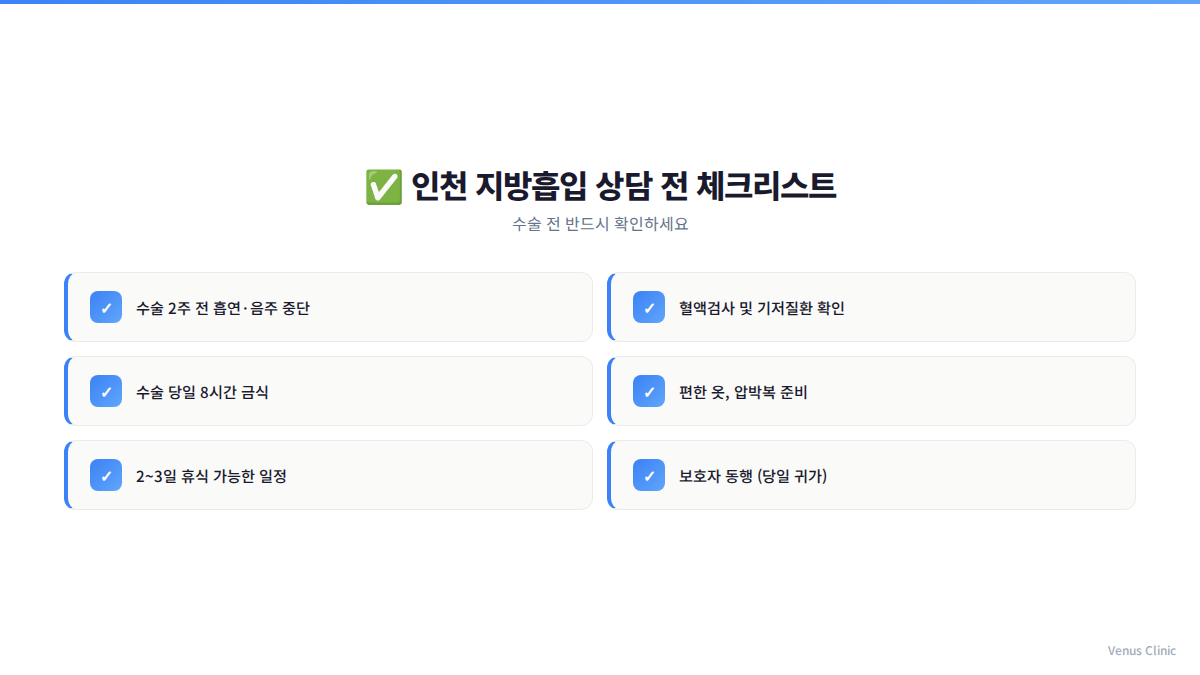 인천 지방흡입 상담 전 체크리스트 인포그래픽 — 비너스의원