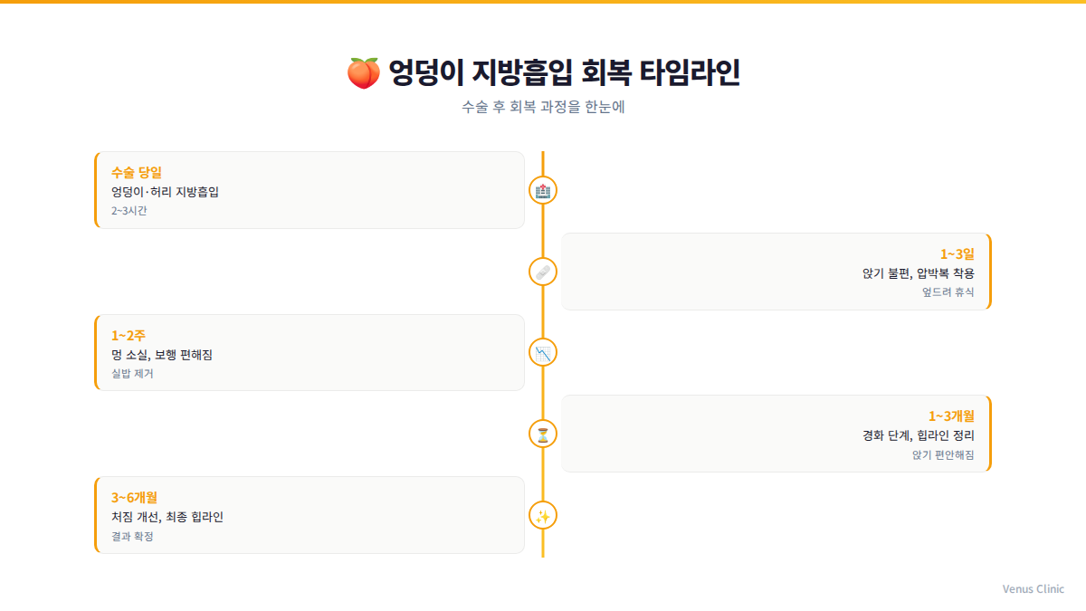 엉덩이 지방흡입 수술 후 회복 타임라인 인포그래픽 — 수술 당일부터 6개월까지 단계별 변화