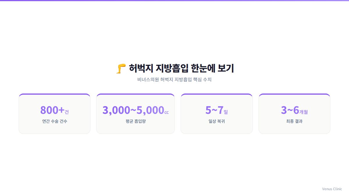 허벅지 지방흡입 수술 핵심 수치 인포그래픽 — 수술 범위별 특징