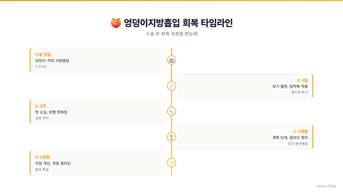 엉덩이지방흡입 회복 타임라인 인포그래픽 — 수술 당일부터 6개월