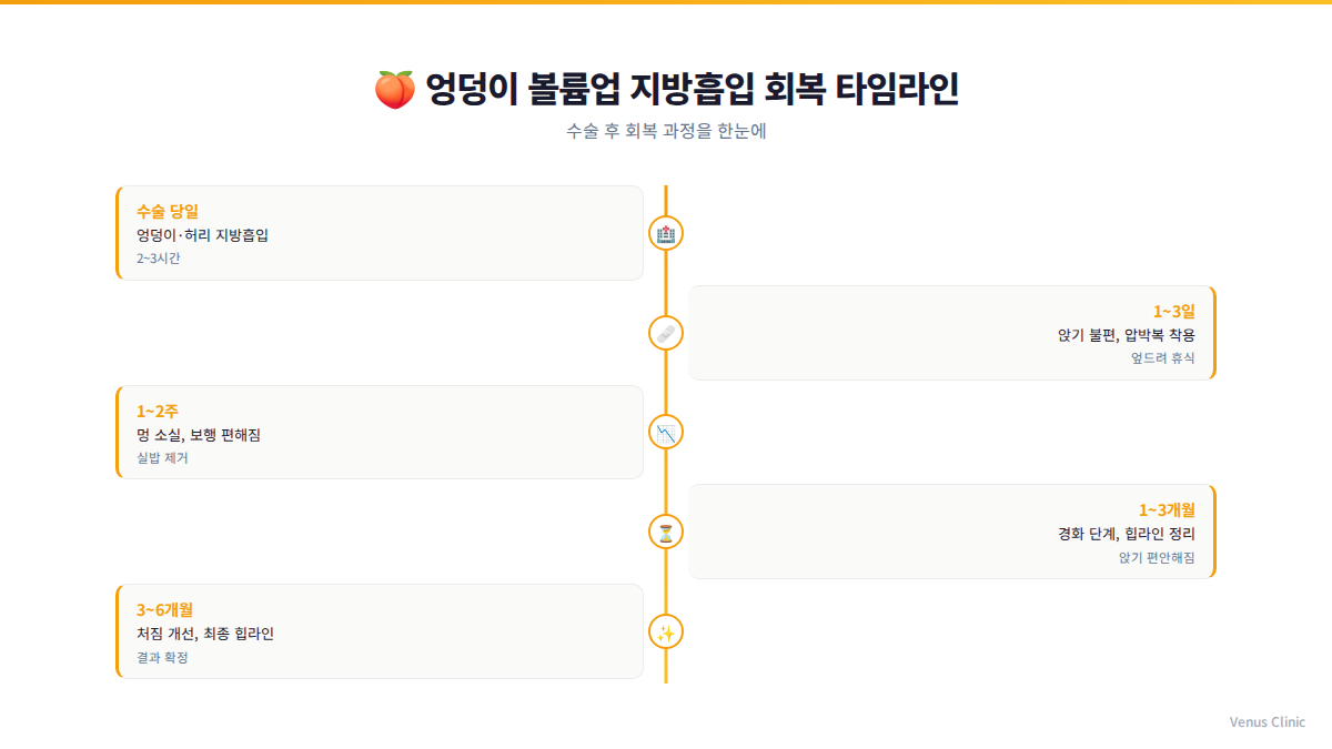 엉덩이지방흡입 회복 타임라인 인포그래픽 — 수술 당일부터 6개월까지 단계별 회복 과정
