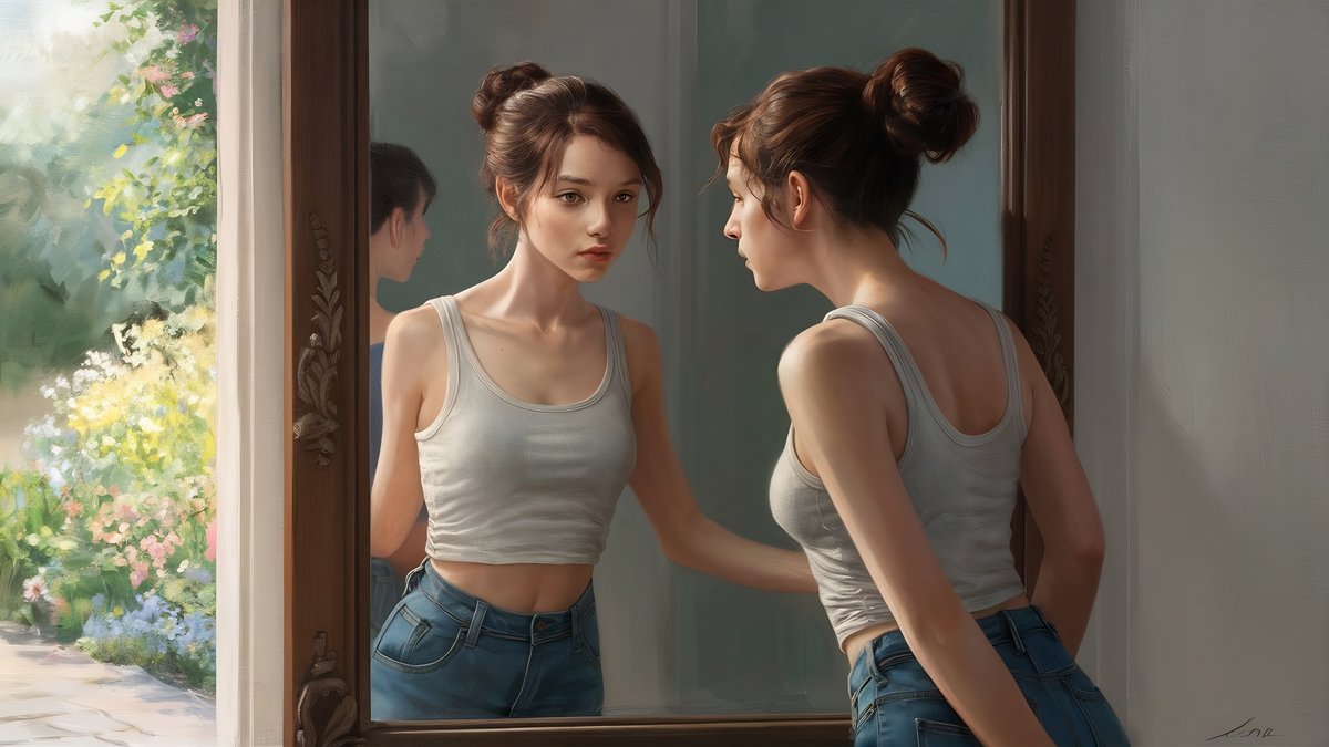 거울 앞에서 자신의 체형 변화를 확인하는 젊은 여성