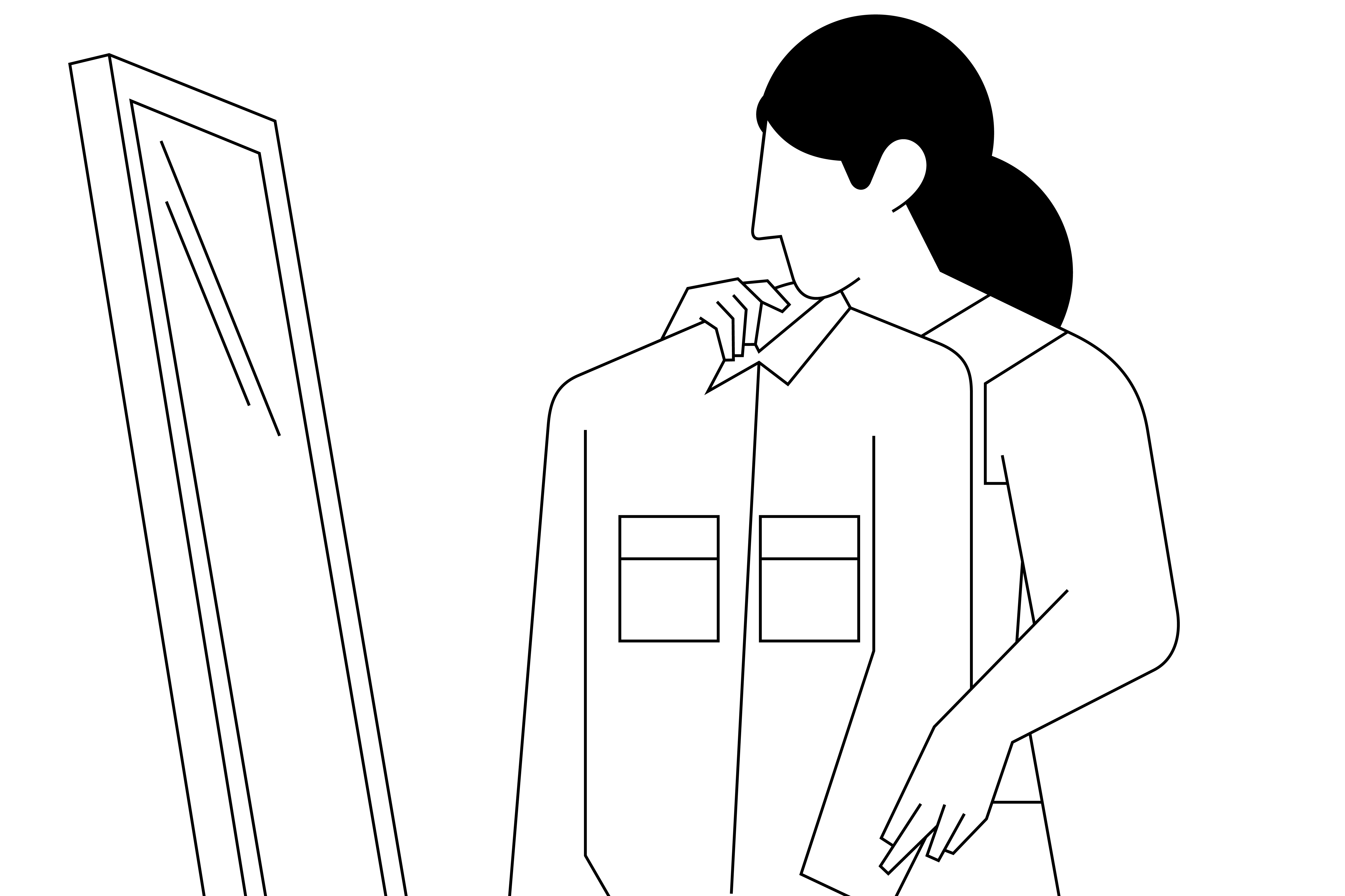 거울 앞에서 옷과 체형을 살펴보는 상황을 표현한 참고용 일러스트