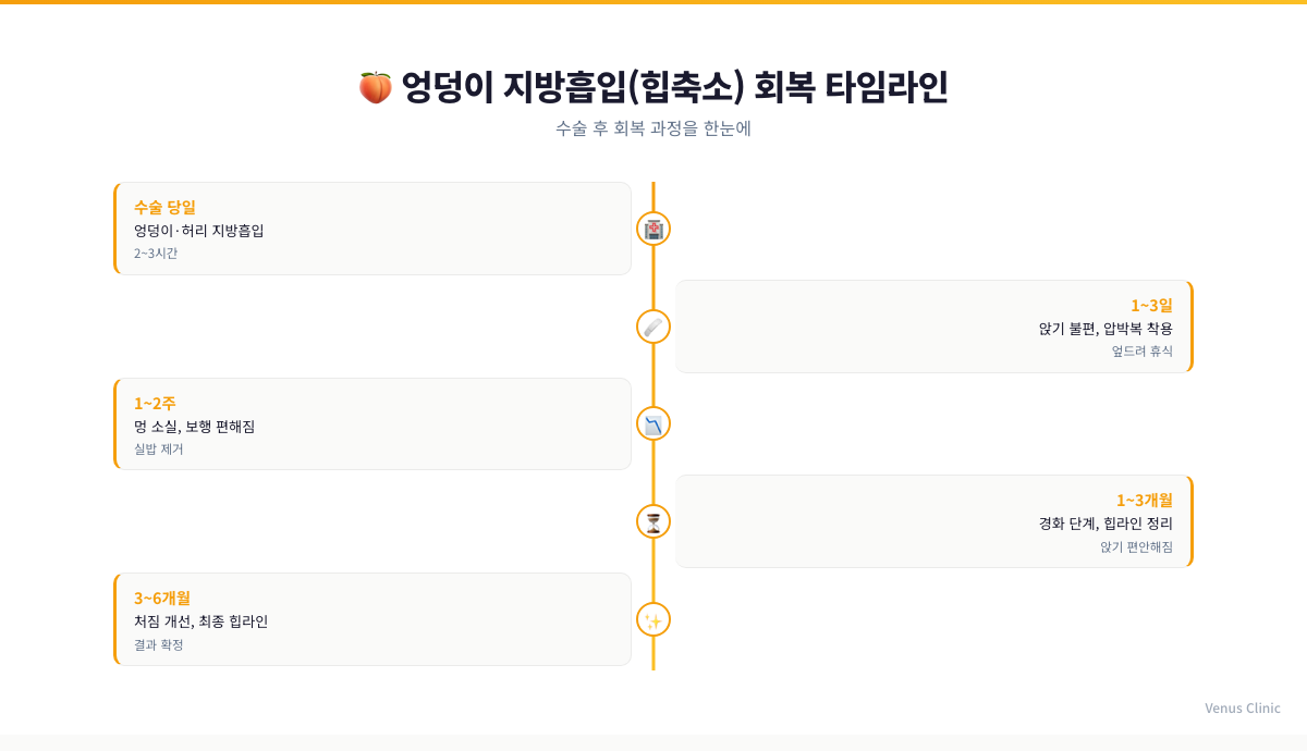 엉덩이 지방흡입 회복 타임라인 인포그래픽 - 수술 당일부터 6개월까지