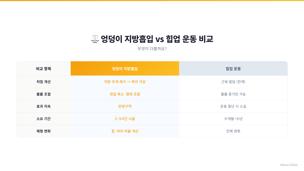엉덩이 지방흡입과 힙업 운동 비교 인포그래픽
