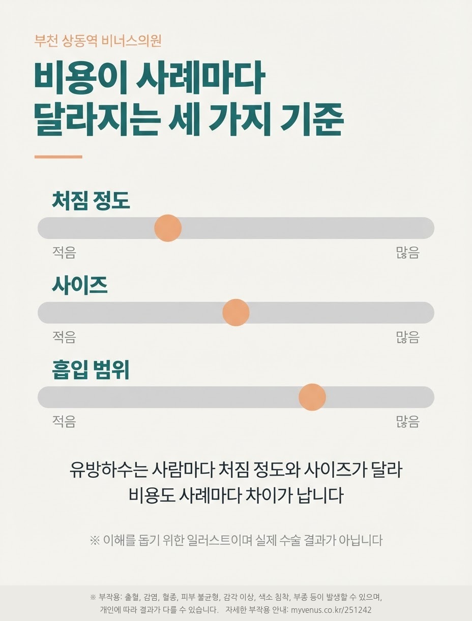 유방하수 지방흡입 비용이 사례마다 달라지는 세 가지 기준 인포그래픽 — 처짐 정도, 사이즈, 흡입 범위