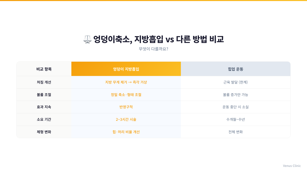 엉덩이축소 지방흡입과 운동으로 인한 체형 변화 비교 인포그래픽