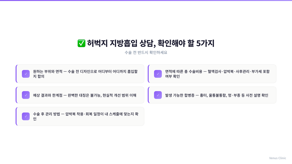 허벅지 지방흡입 상담 전 체크리스트 인포그래픽