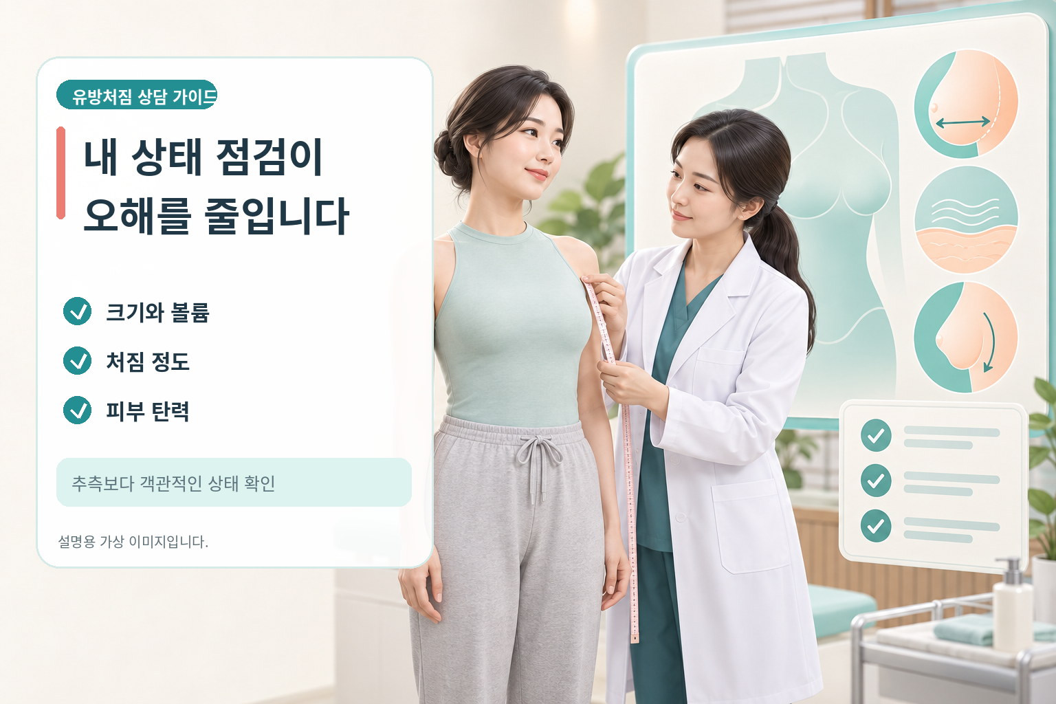 유방 크기와 처짐 정도, 피부 탄력을 점검하는 의료진과 여성의 가상 인포그래픽