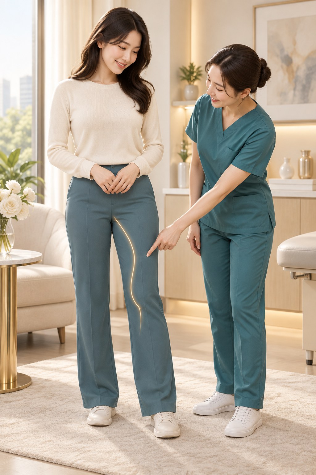 허벅지 안쪽부터 무릎까지 연결한 라인 계획 일러스트