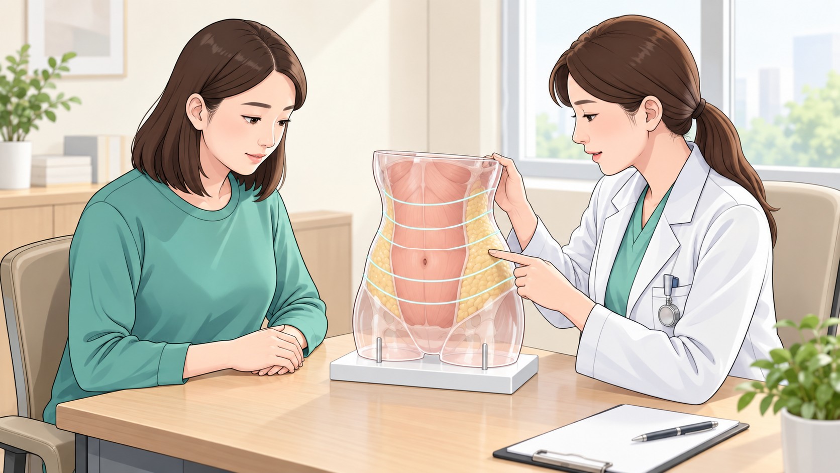 균일한 복부 지방흡입 계획을 설명하는 의료 일러스트