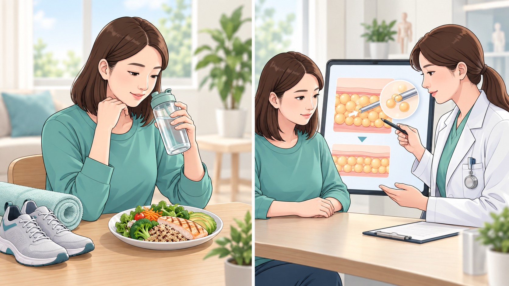 뱃살지방흡입과 다이어트의 차이를 설명하는 일러스트