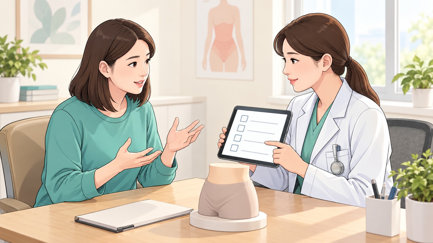 뱃살지방흡입 궁금증을 의료진에게 상담하는 일러스트