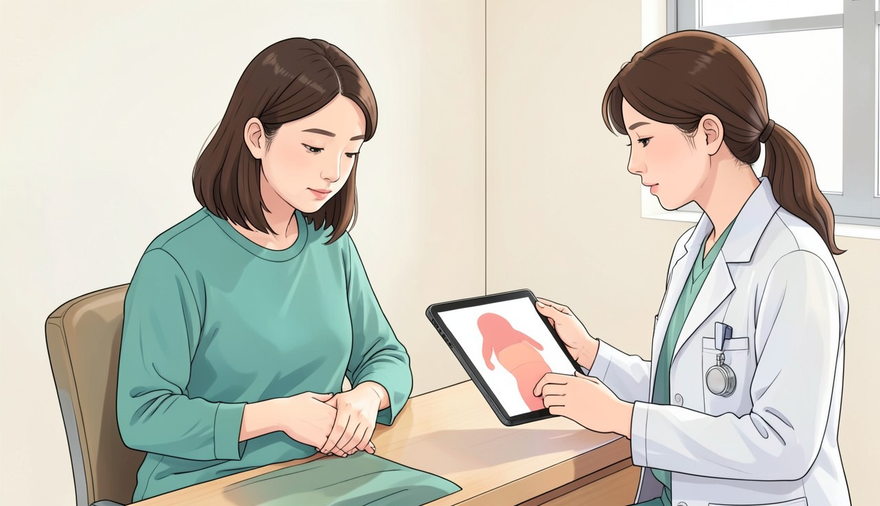 뱃살 고민을 의료진과 상담하는 설명용 일러스트