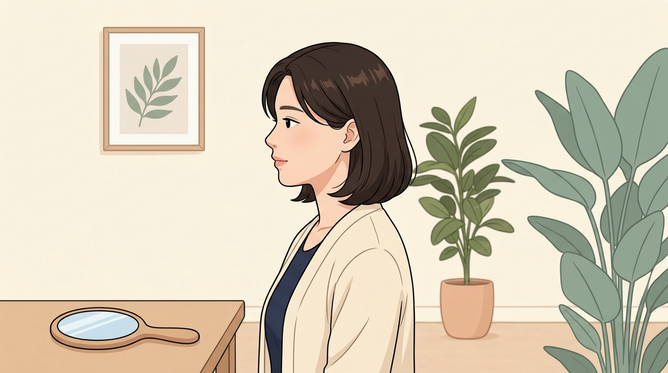 옆모습에서 턱선과 목선을 설명하는 베이지와 네이비 톤의 웹툰풍 여성 일러스트