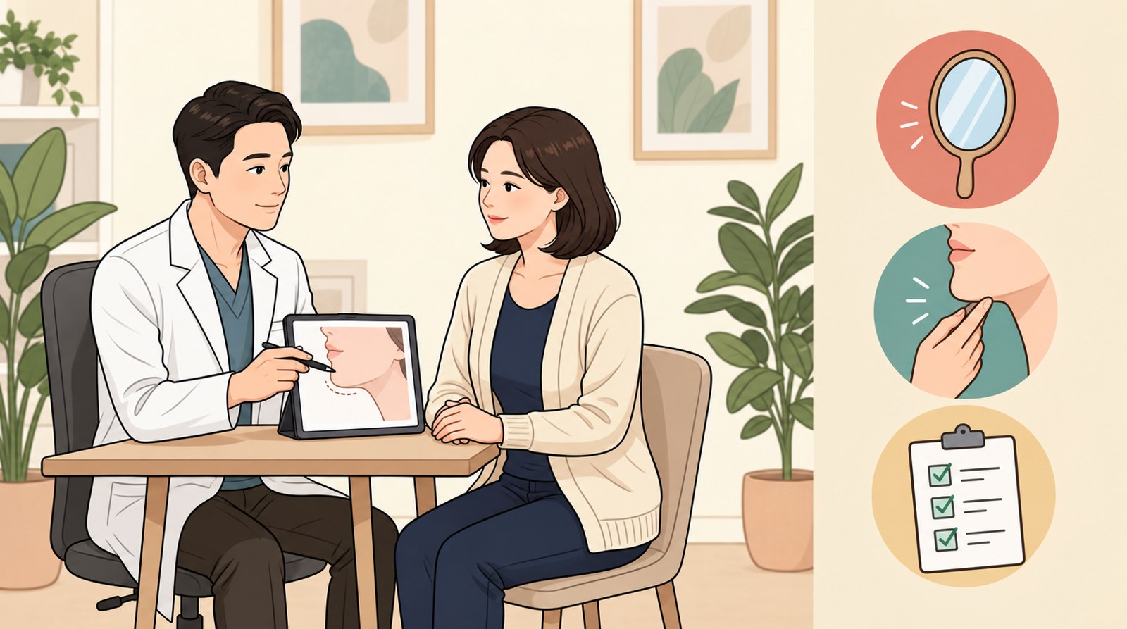 턱과 목 라인을 그림으로 보며 상담하는 진료실 장면 일러스트