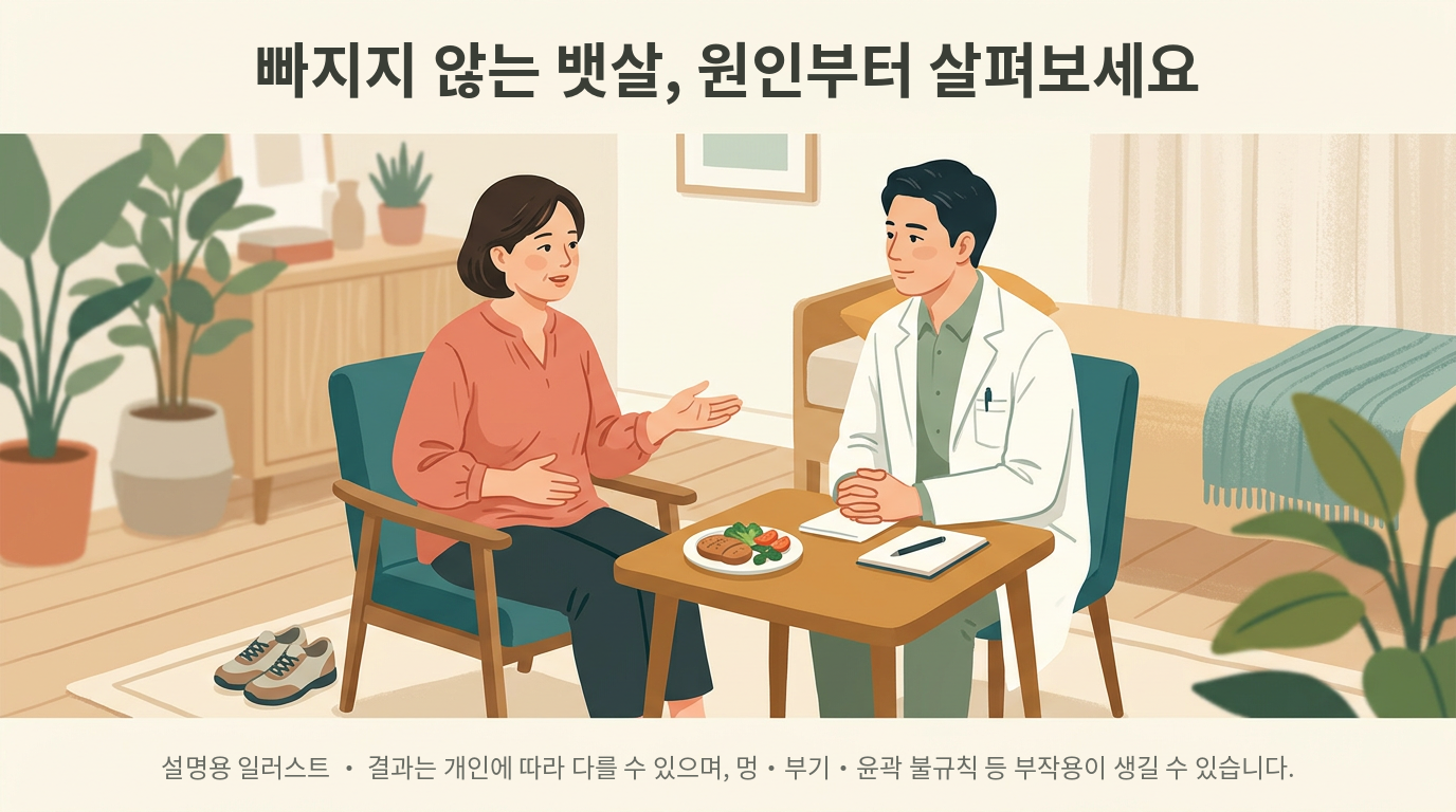 빠지지 않는 뱃살, 원인부터 살펴보는 설명 일러스트
