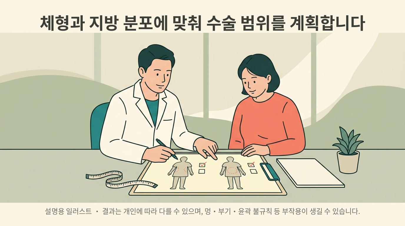 체형과 지방 분포에 맞춰 수술 범위를 계획하는 설명 일러스트