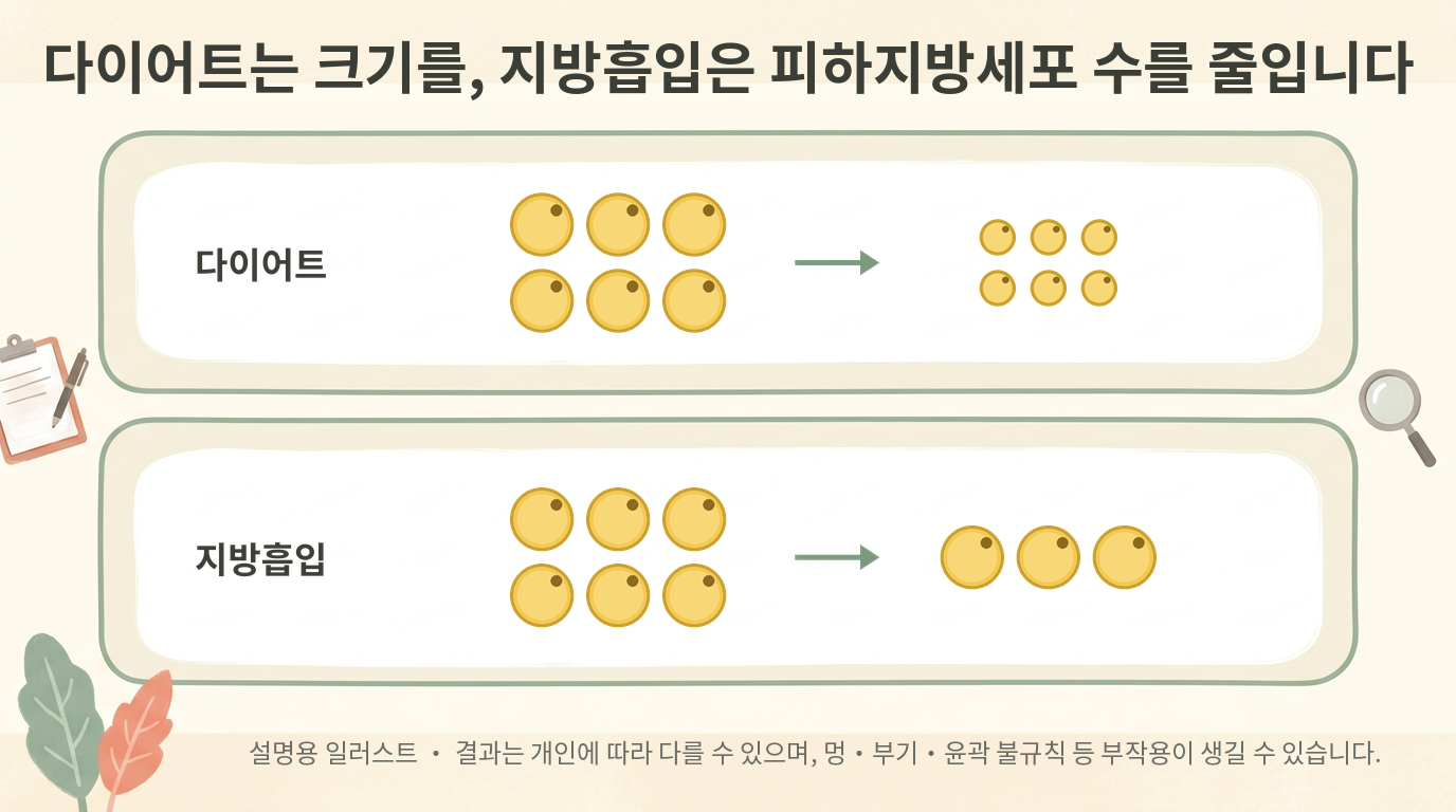 다이어트는 지방세포 크기를, 지방흡입은 피하지방세포 수를 줄이는 차이 설명 일러스트