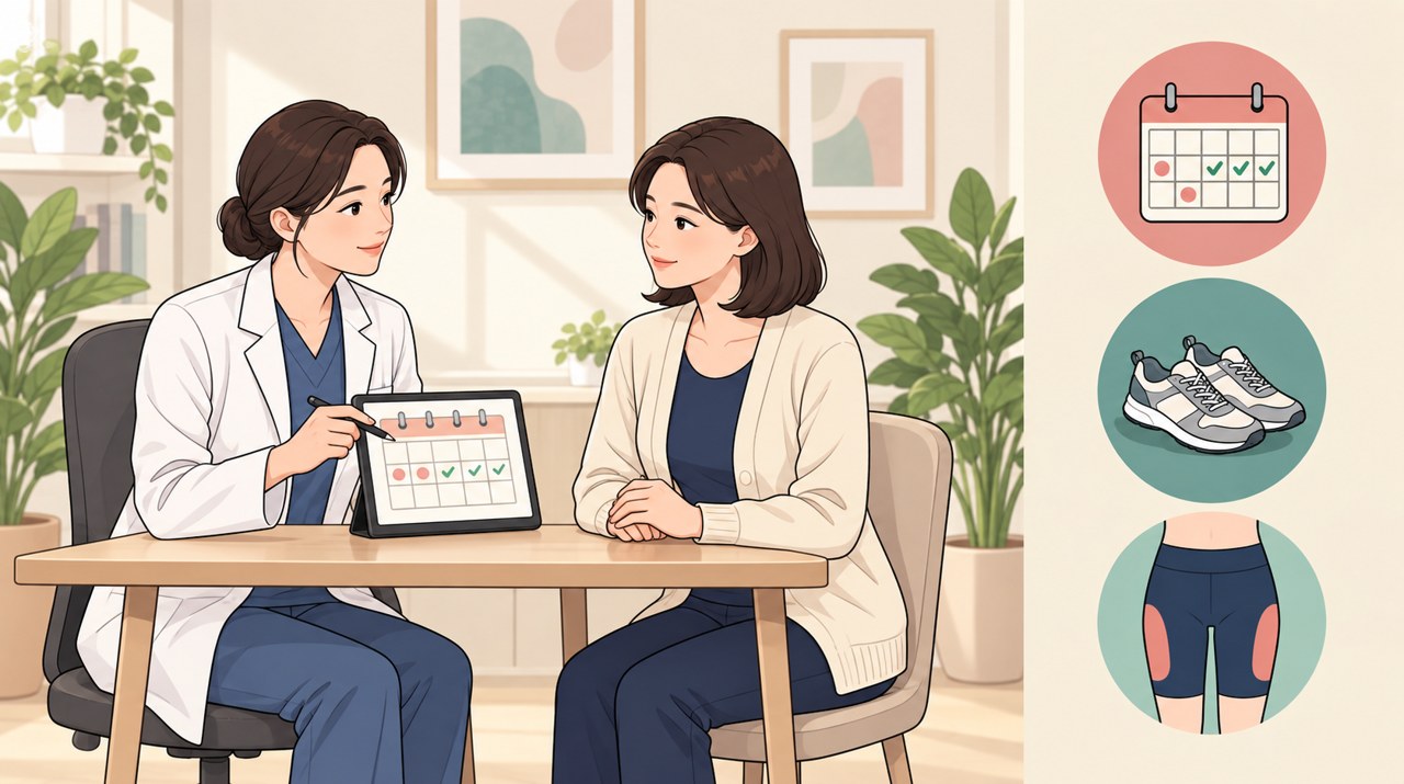 유방하수 지방흡입 후 회복 일정을 상담하는 장면 일러스트