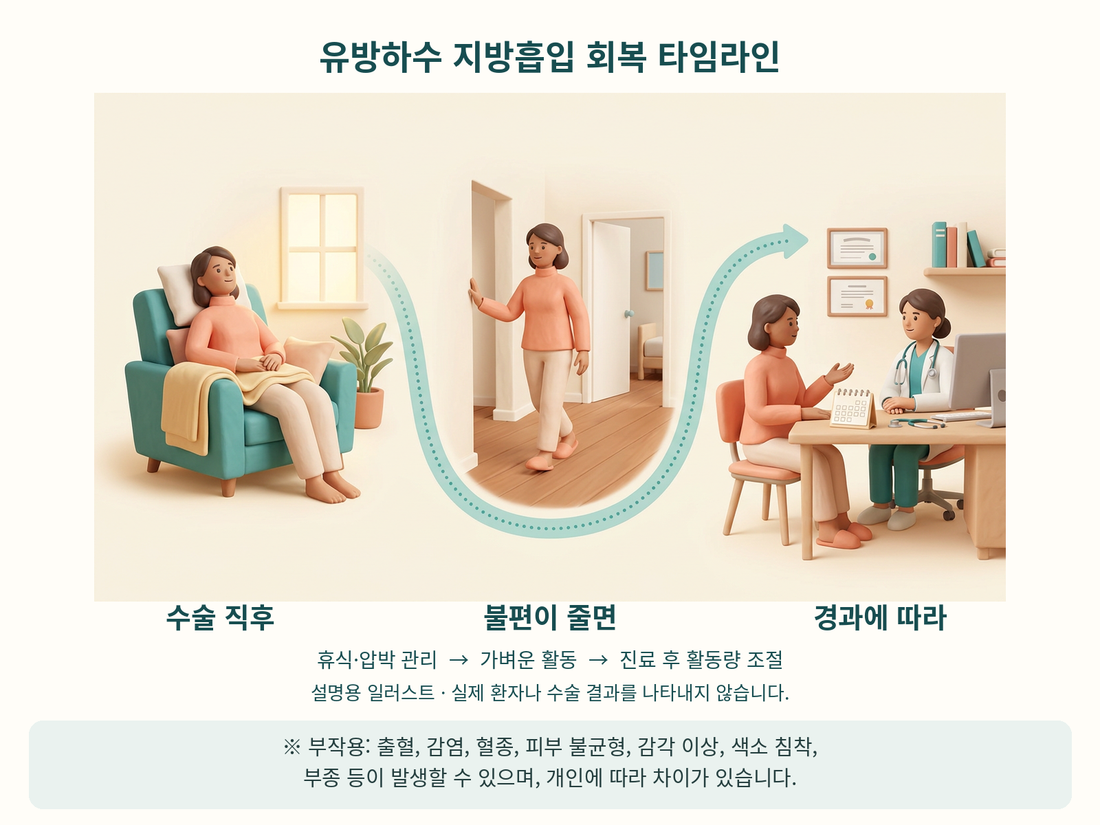 유방하수 지방흡입 회복 타임라인 — 설명용 인포그래픽