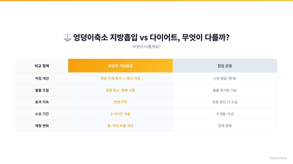 엉덩이축소 지방흡입과 다이어트·운동의 차이를 비교한 인포그래픽