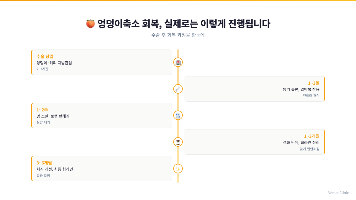 엉덩이축소 수술 후 회복 타임라인 인포그래픽
