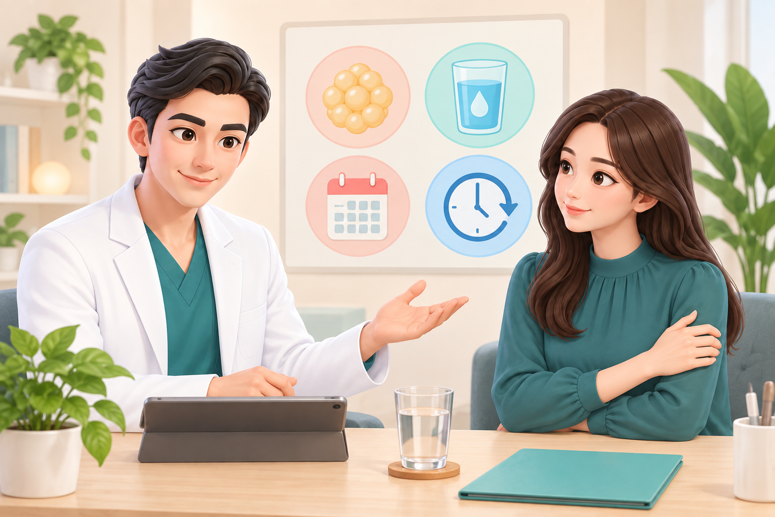 팔뚝지방흡입 상담 중 의료진이 환자에게 설명하는 이미지
