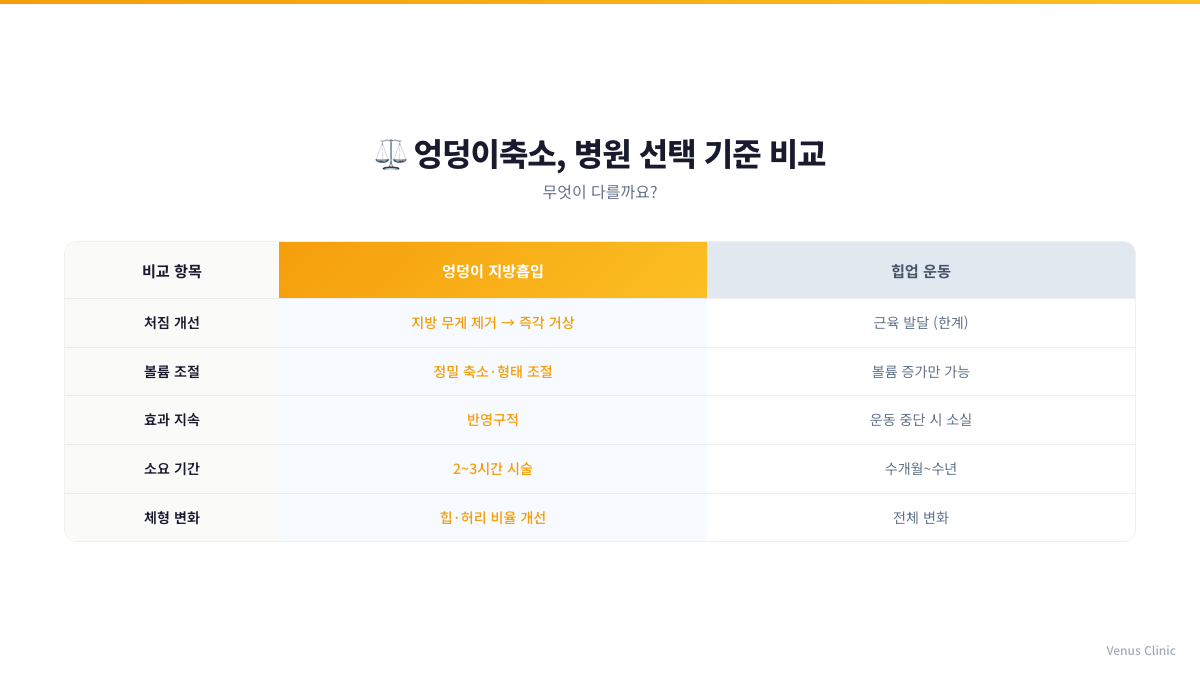 엉덩이 지방흡입과 힙업 운동 비교 인포그래픽