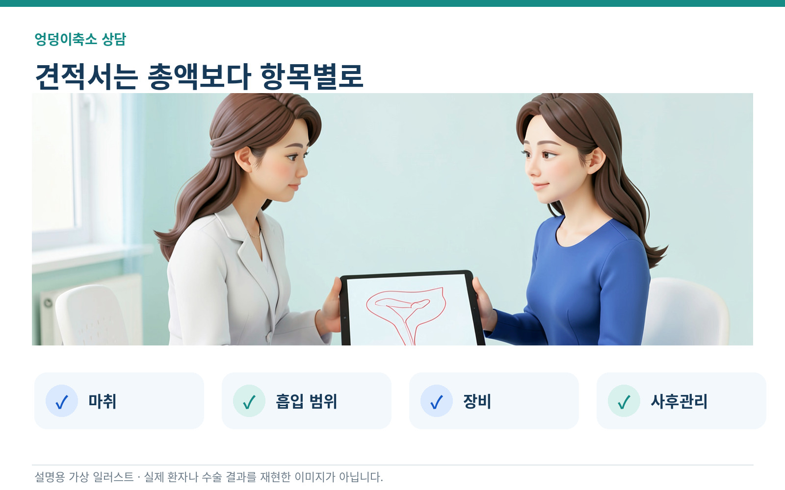 엉덩이축소 견적서에서 마취, 흡입 범위, 장비, 사후관리 항목을 확인하는 인포그래픽