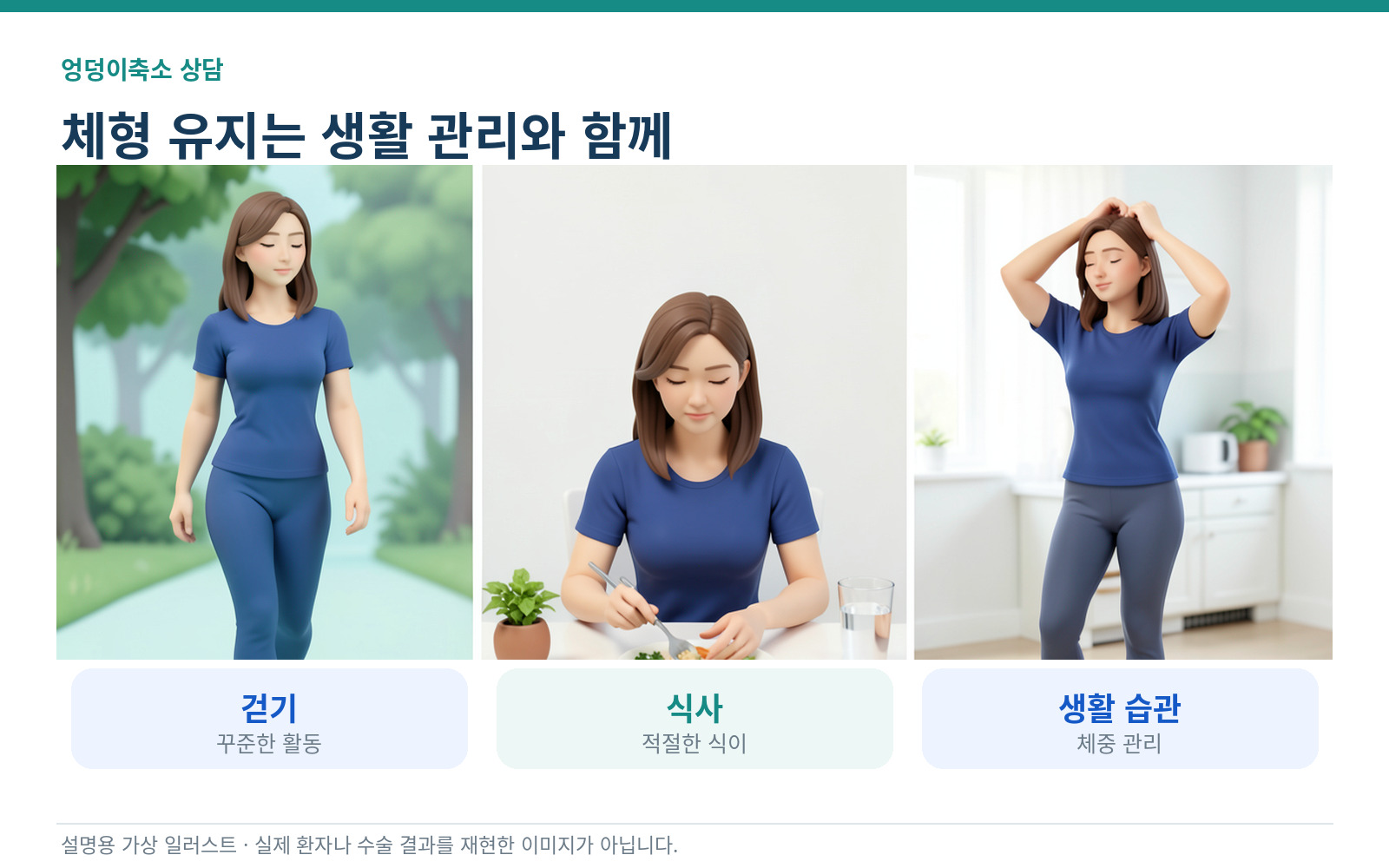 엉덩이축소 후 걷기, 식사, 생활 습관으로 체형을 관리하는 인포그래픽
