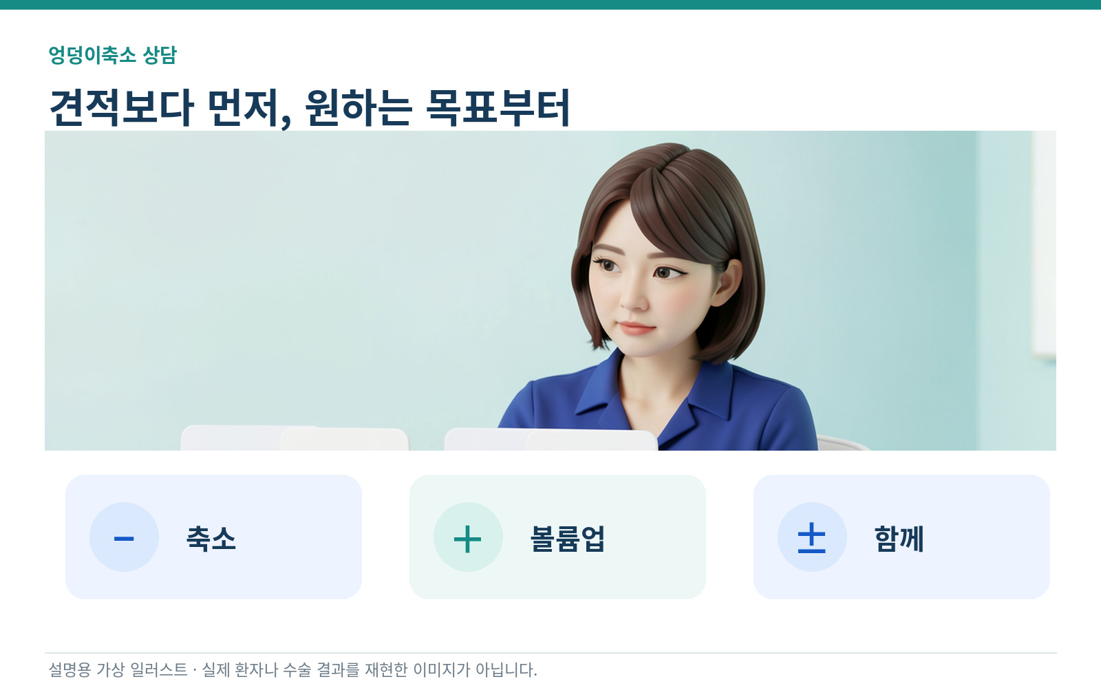 엉덩이축소 견적 전에 축소, 볼륨업, 복합 목표를 정하는 인포그래픽
