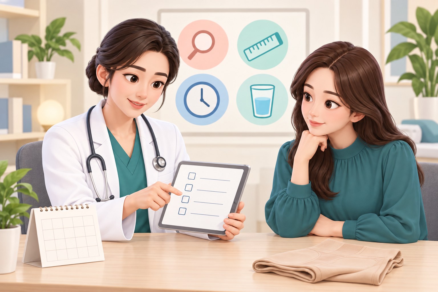 유방하수 지방흡입 상담 전 체크리스트를 보며 설명하는 장면