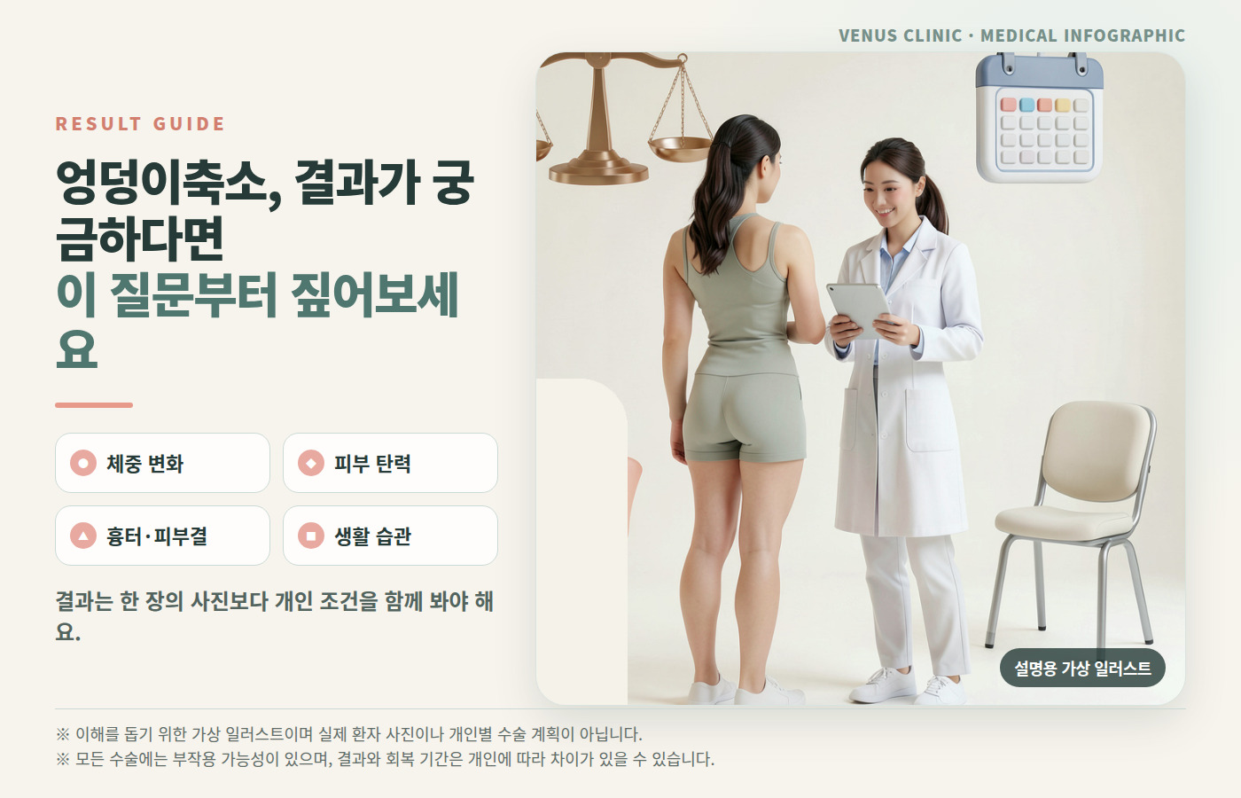 엉덩이축소 결과에 영향을 주는 체중·피부 탄력·흉터·생활 습관 상담 인포그래픽