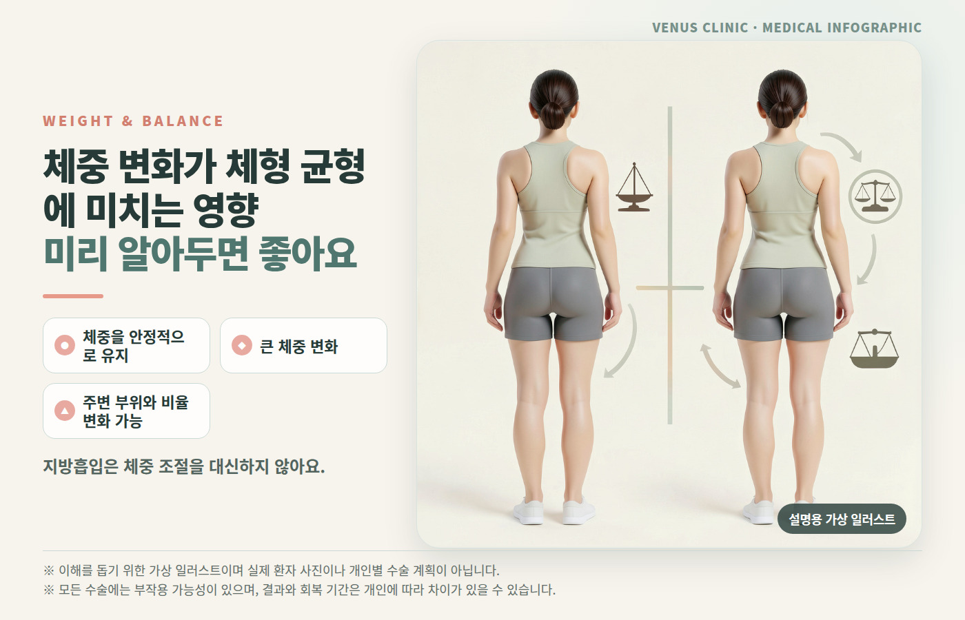 엉덩이축소 후 체중 변화와 주변 체형 균형을 설명하는 가상 의료 인포그래픽