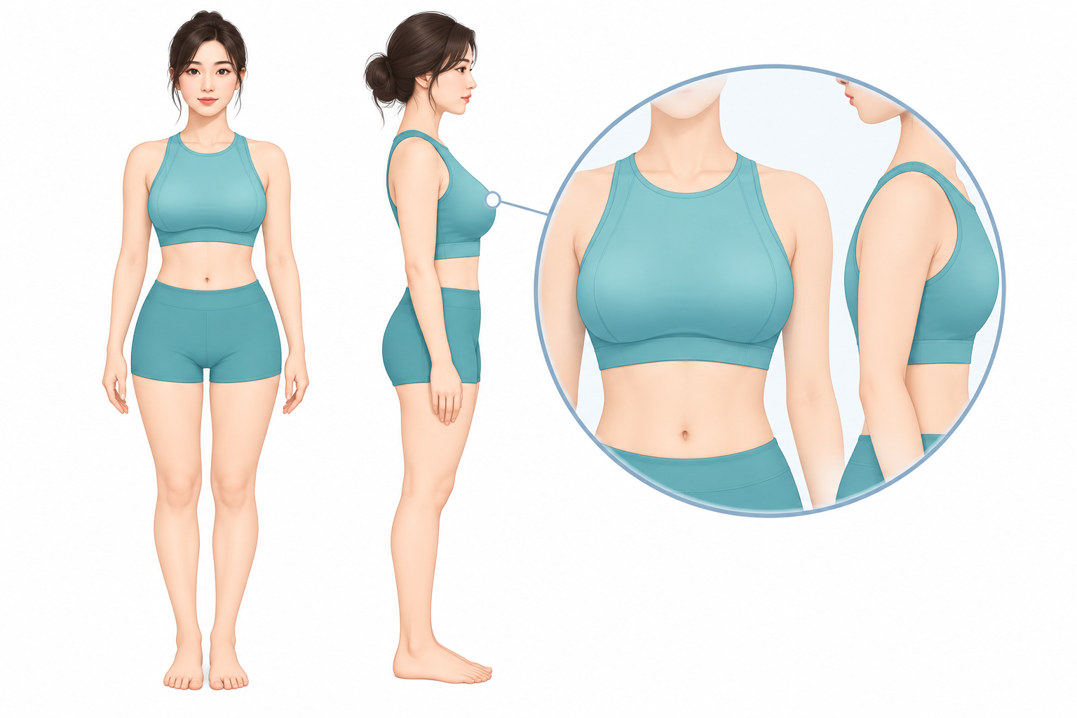 유방 사이즈와 처짐 변화를 정면과 측면에서 확대해 보여주는 벡터 일러스트