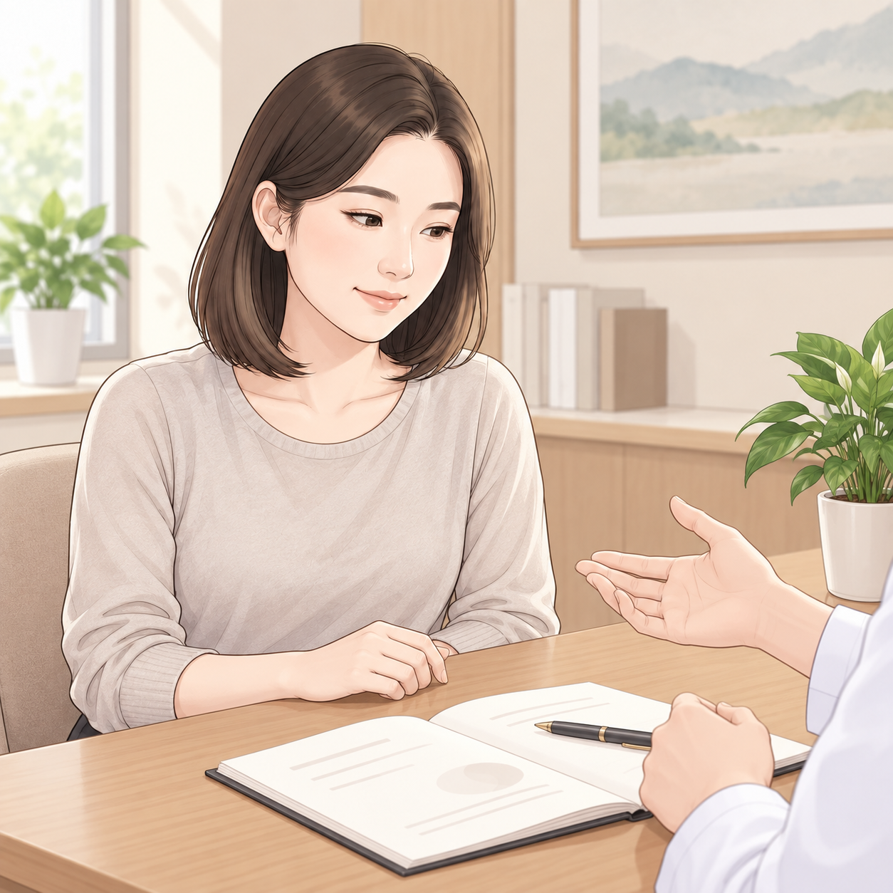 AI로 생성한 이미지 - 상담 중 노트와 손짓에 집중한 모습을 연출한 예시(실제 의료진 아님)