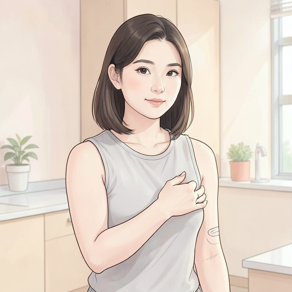 AI로 생성한 이미지 - 팔·겨드랑이 상담 부위를 확인하는 모습을 연출한 예시(실제 환자 아님)