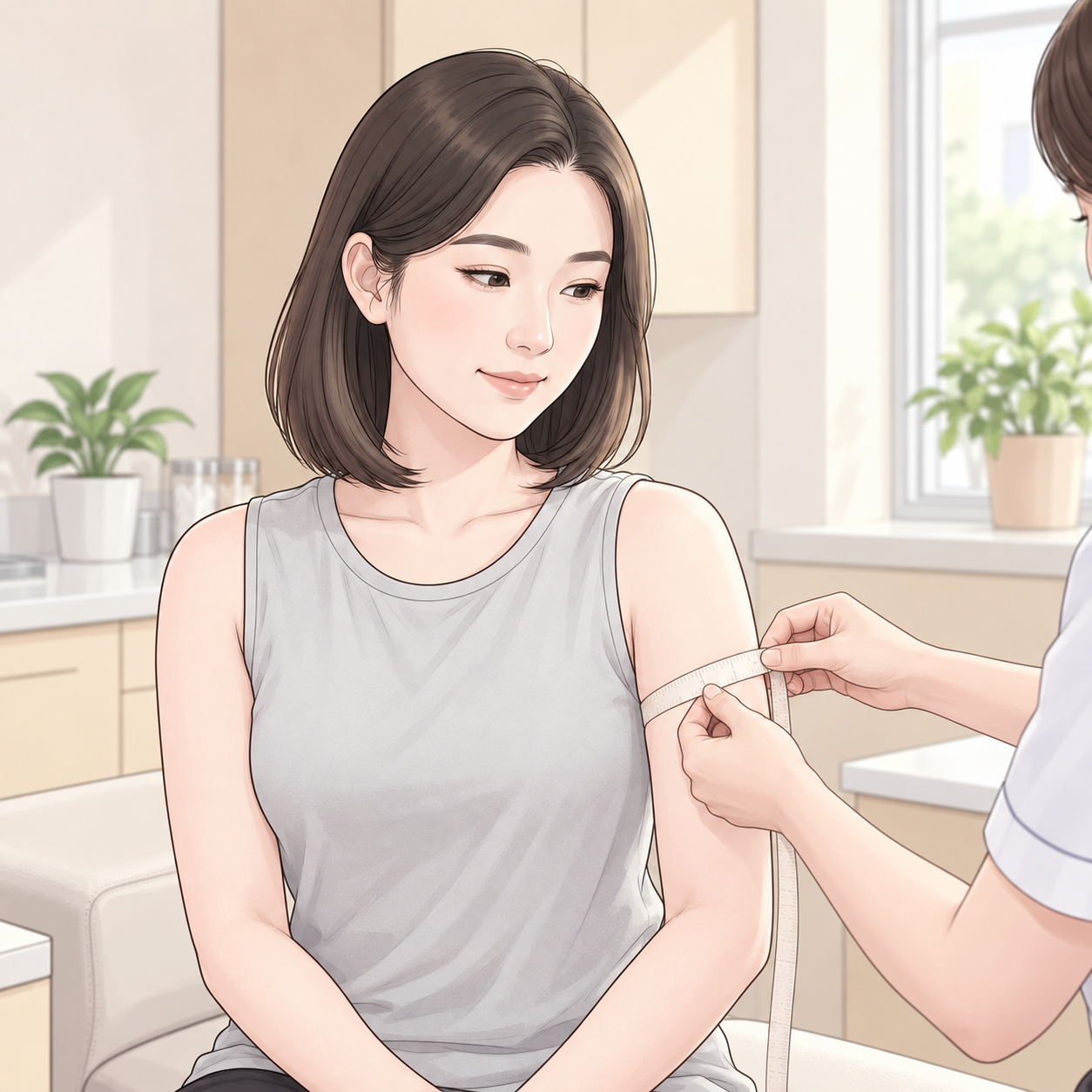 AI로 생성한 이미지 - 상담에서 팔 둘레를 줄자로 확인하는 모습을 연출한 예시(실제 환자 아님)