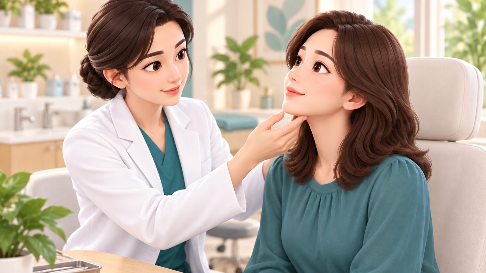 의료진이 턱 아래를 만져 보며 상태를 확인하는 3D 일러스트