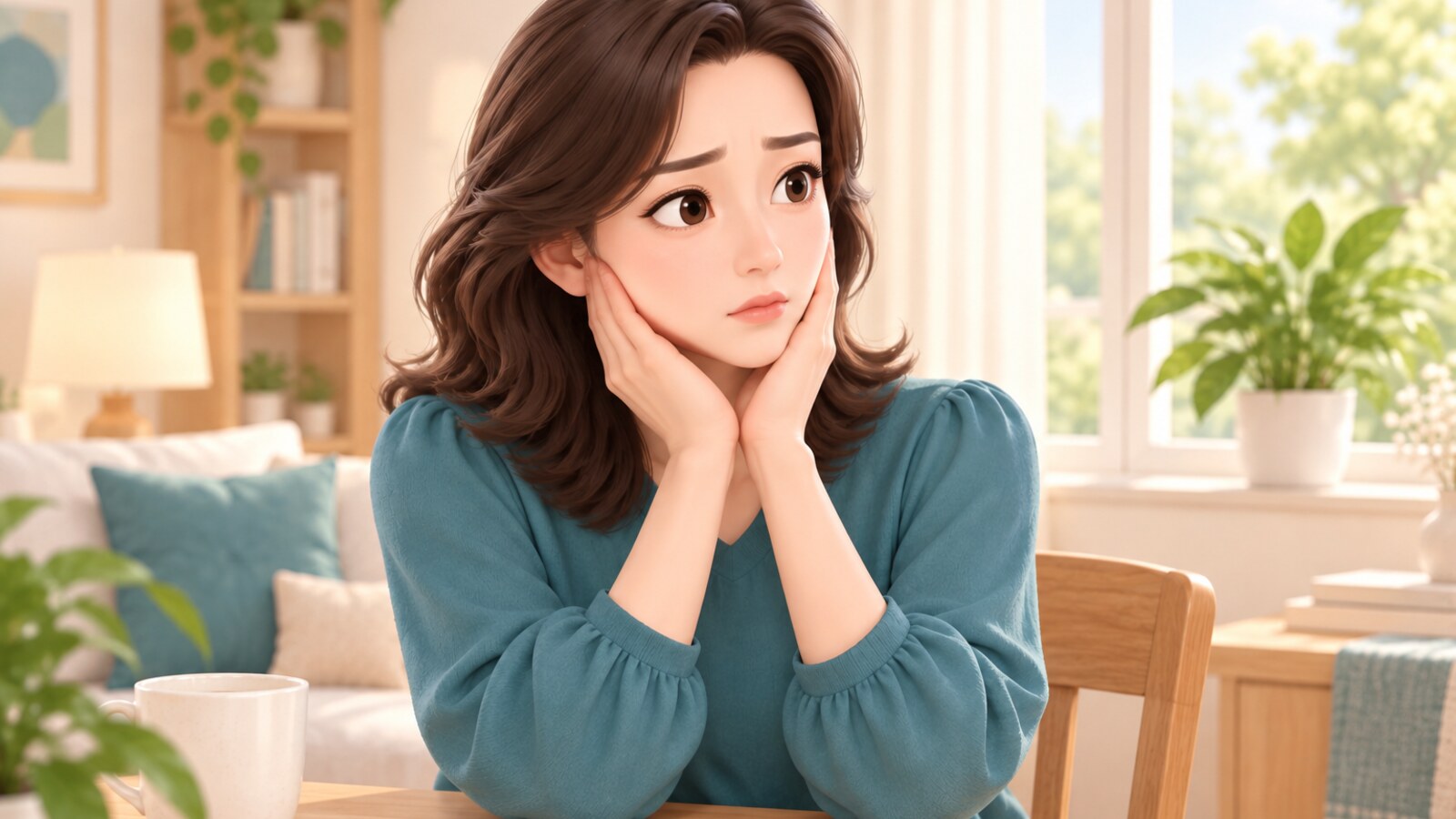 턱과 볼 라인을 두 손으로 감싸며 고민하는 여성 3D 일러스트