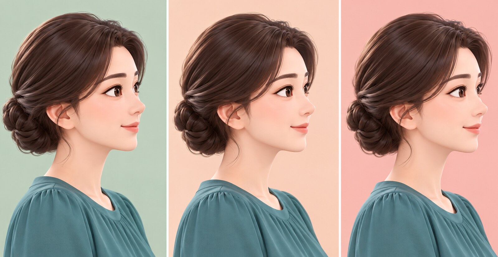 옆모습으로 턱선과 목 라인을 보여주는 여성 세 컷 3D 일러스트