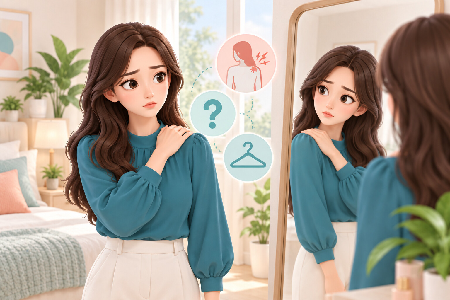 거울 앞에서 어깨를 짚으며 체형을 고민하는 여성 일러스트