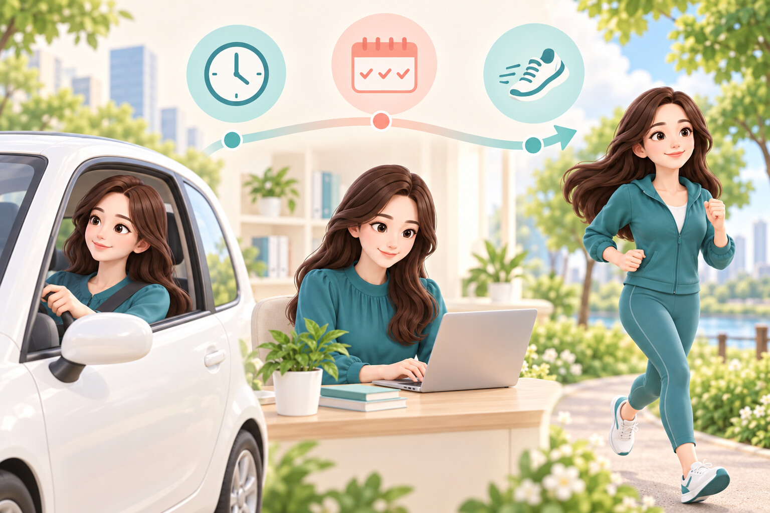 운전, 출근, 가벼운 운동 순으로 일상에 복귀하는 과정을 표현한 일러스트
