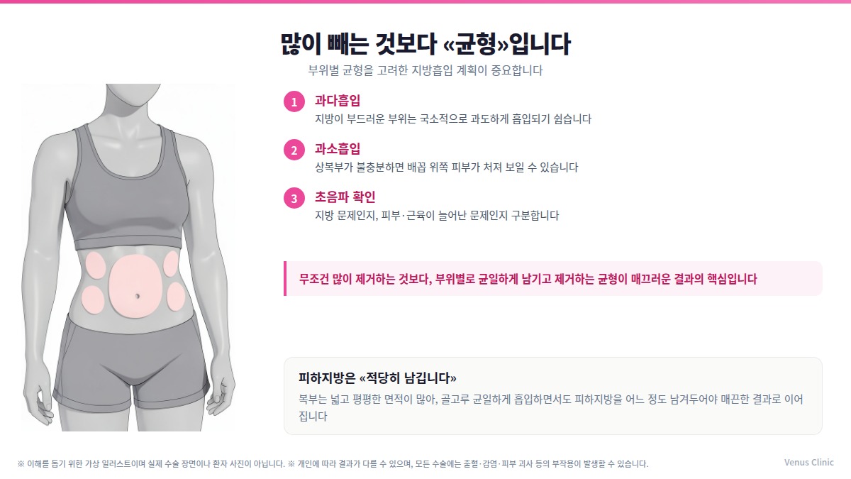 부위별 균형을 고려한 복부 지방흡입 계획 인포그래픽 — 과다흡입·과소흡입·초음파 확인