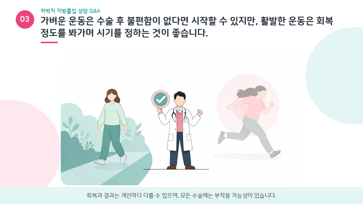 허벅지 지방흡입 후 가벼운 운동과 활발한 운동 재개 시기를 안내하는 인포그래픽