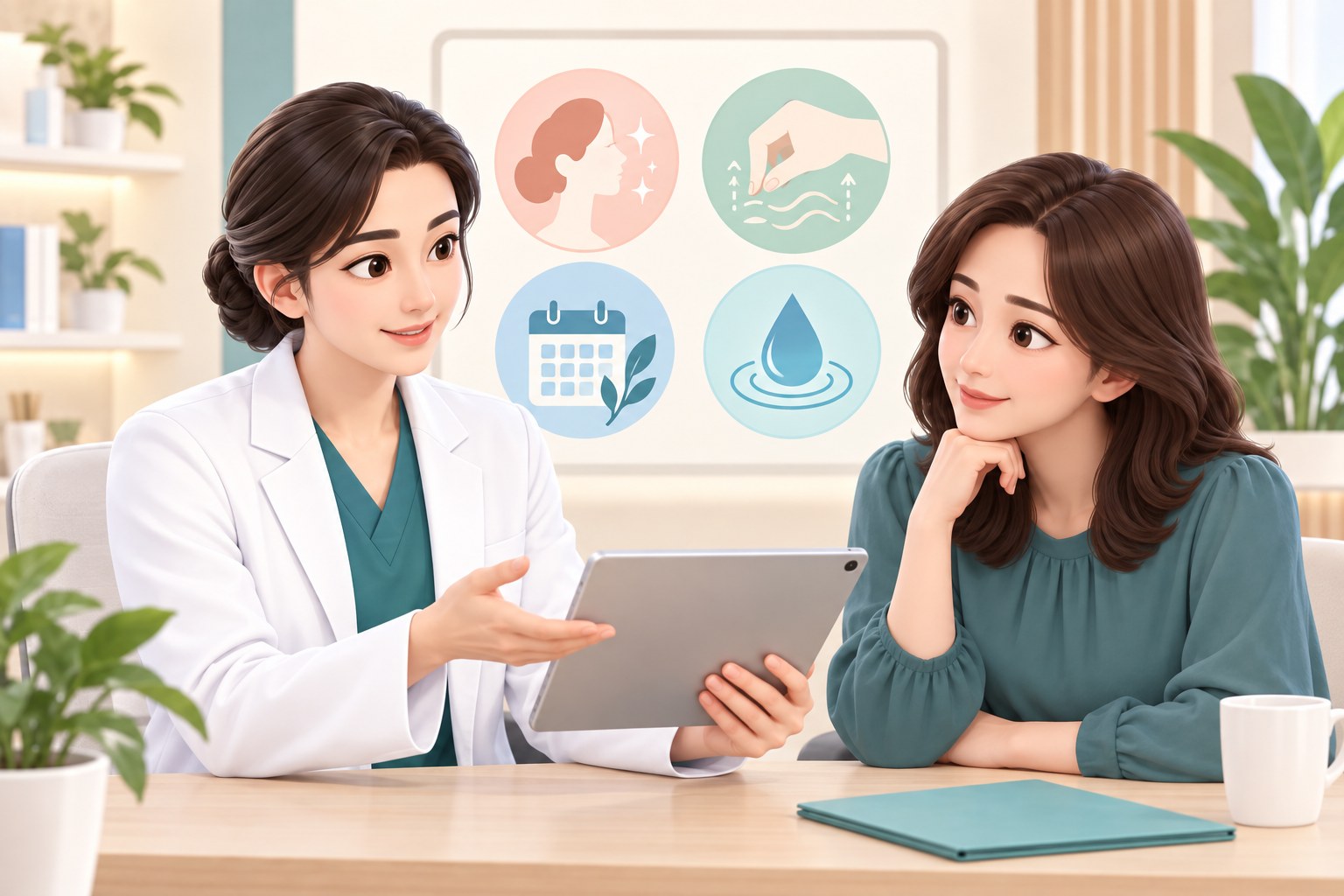 진료실에서 의료진이 환자에게 턱 라인 상태를 설명하는 3D 일러스트