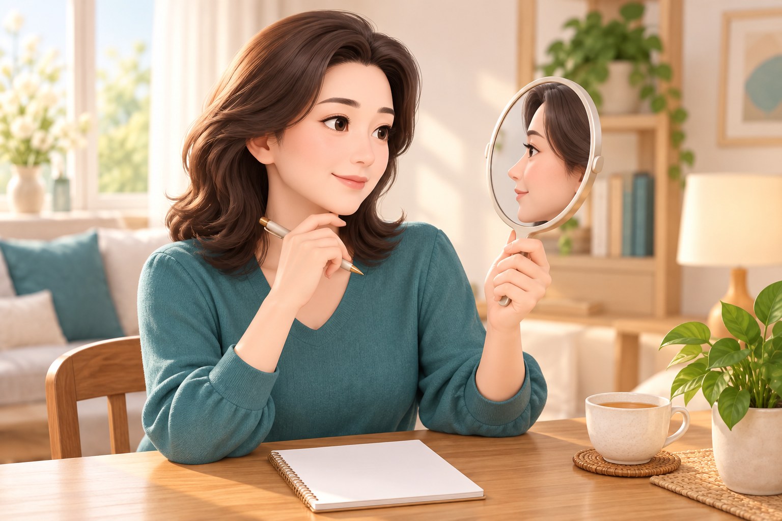 거울로 옆모습을 확인하며 상담 질문을 메모하는 여성 3D 일러스트