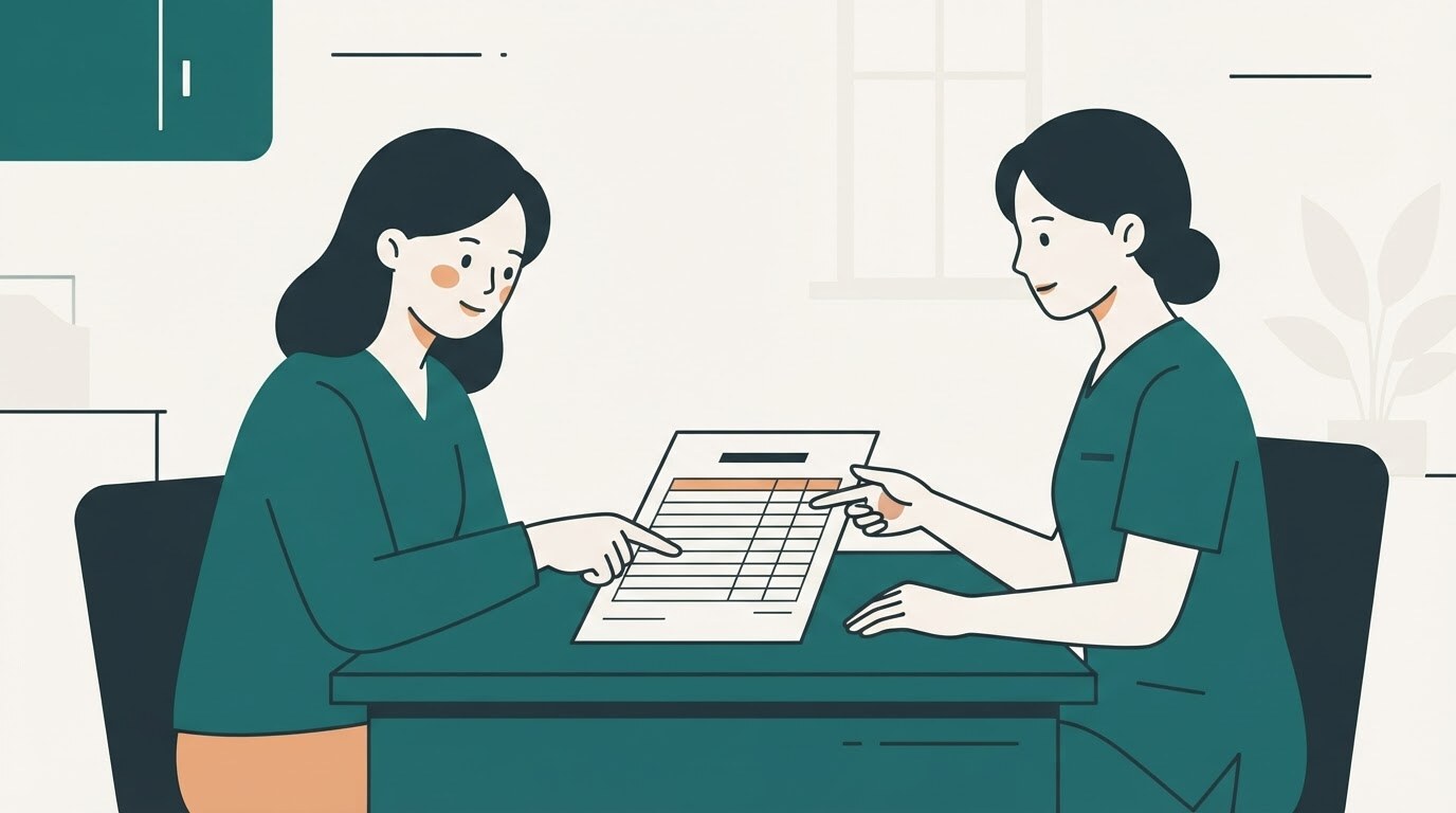 견적서를 항목별로 확인하며 상담에서 질문하는 모습을 그린 일러스트