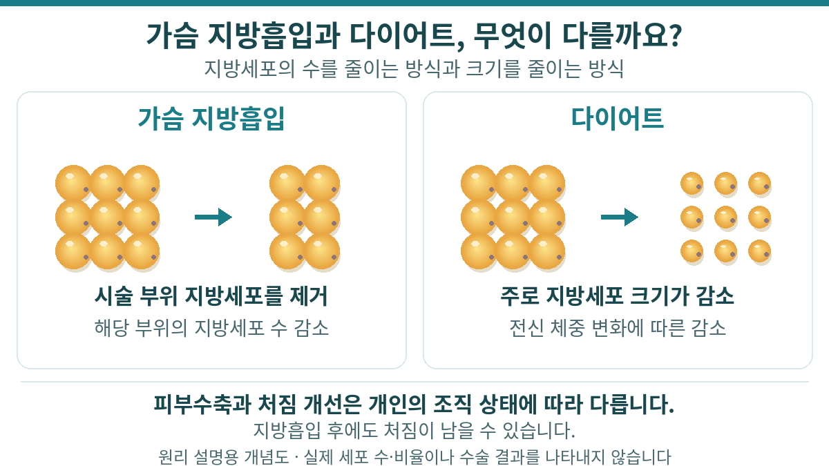 유방하수 가슴 지방흡입과 다이어트의 사이즈 감소, 처짐 개선, 지방세포, 유선 보존 항목 비교 인포그래픽